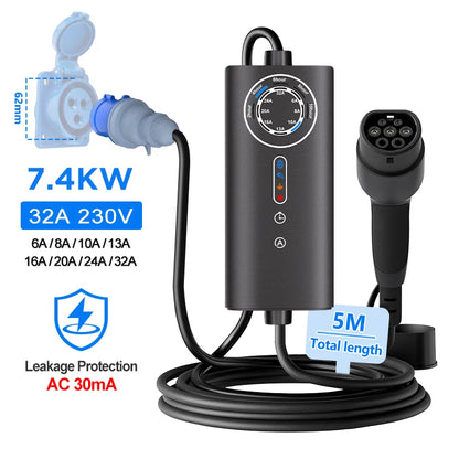 Carregador EV Portátil Junsun Tipo 2 | 3.5kW Schuko / 7.4kW CEE Azul / 11kW / 22kW CEE Vermelho | IP65