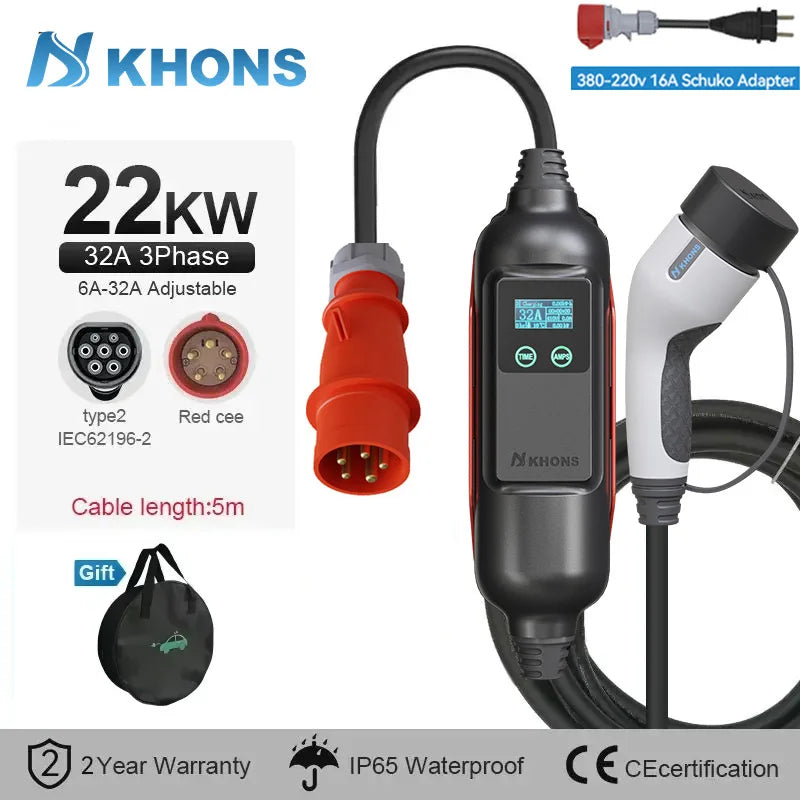 Carregador EV Portátil Khons 22kW 32A Trifásico Type 2 — Wi-Fi & App - IKERO.ENERGY