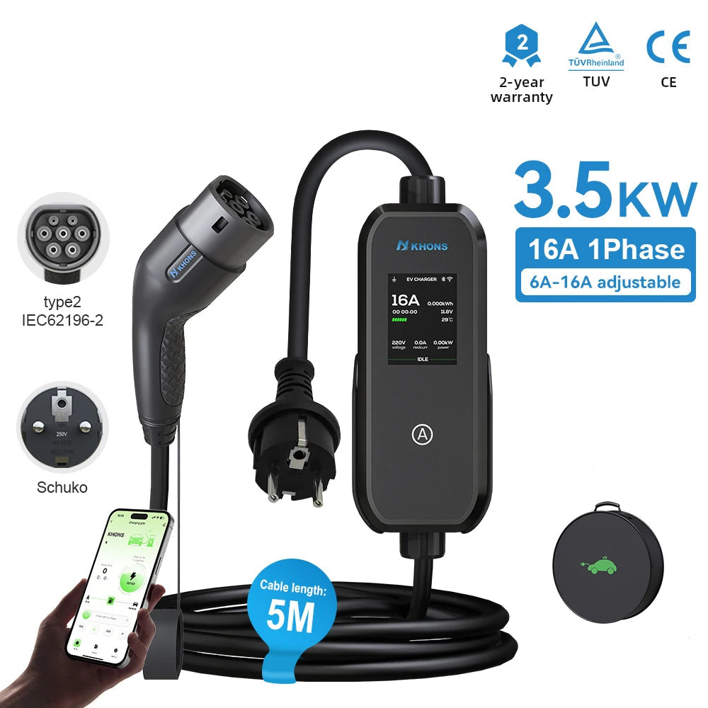 Carregador EV Portátil Khons 3.5kW 16A Tipo 2 | Bluetooth + APP | IP65 | Cabo TPU 5m | Schuko