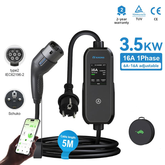 Carregador EV Portátil Khons 3.5kW 16A Tipo 2 | Bluetooth + APP | IP65 | Cabo TPU 5m | Schuko