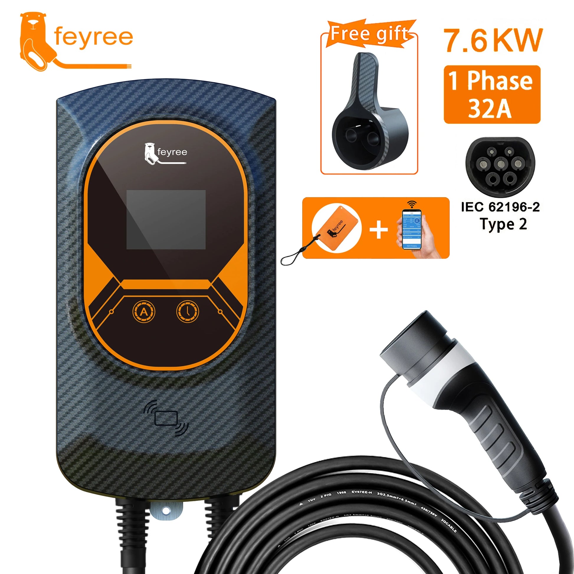 Wallbox Feyree 7.6kW 32A / 11kW 16A / 22kW 32A | Type 2 | Wi-Fi + APP + RFID | IP66