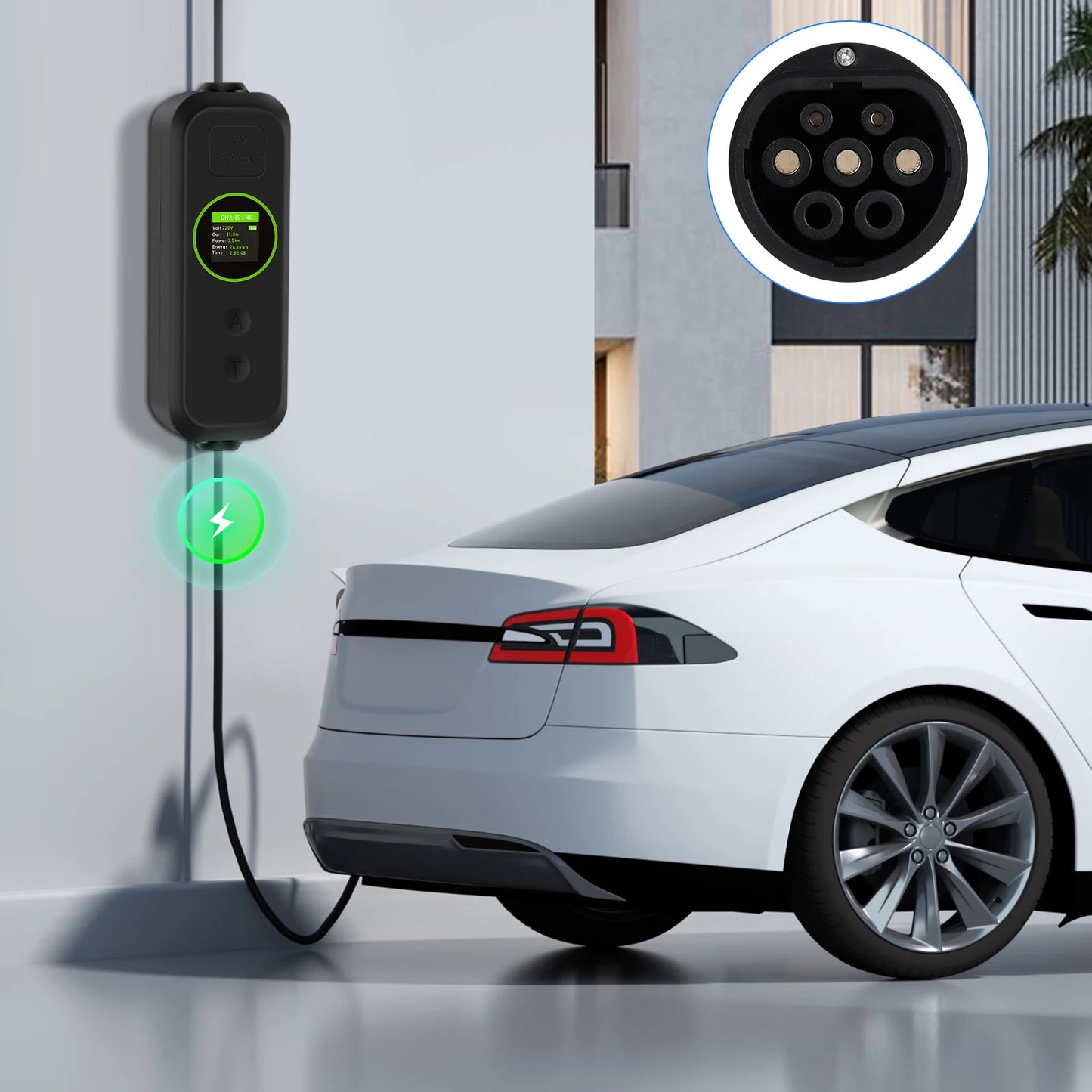 Carregador EV Portátil Podofo 3.5kW 16A Tipo 2 | Corrente Ajustável | IP65 | Cabo 5m | Schuko