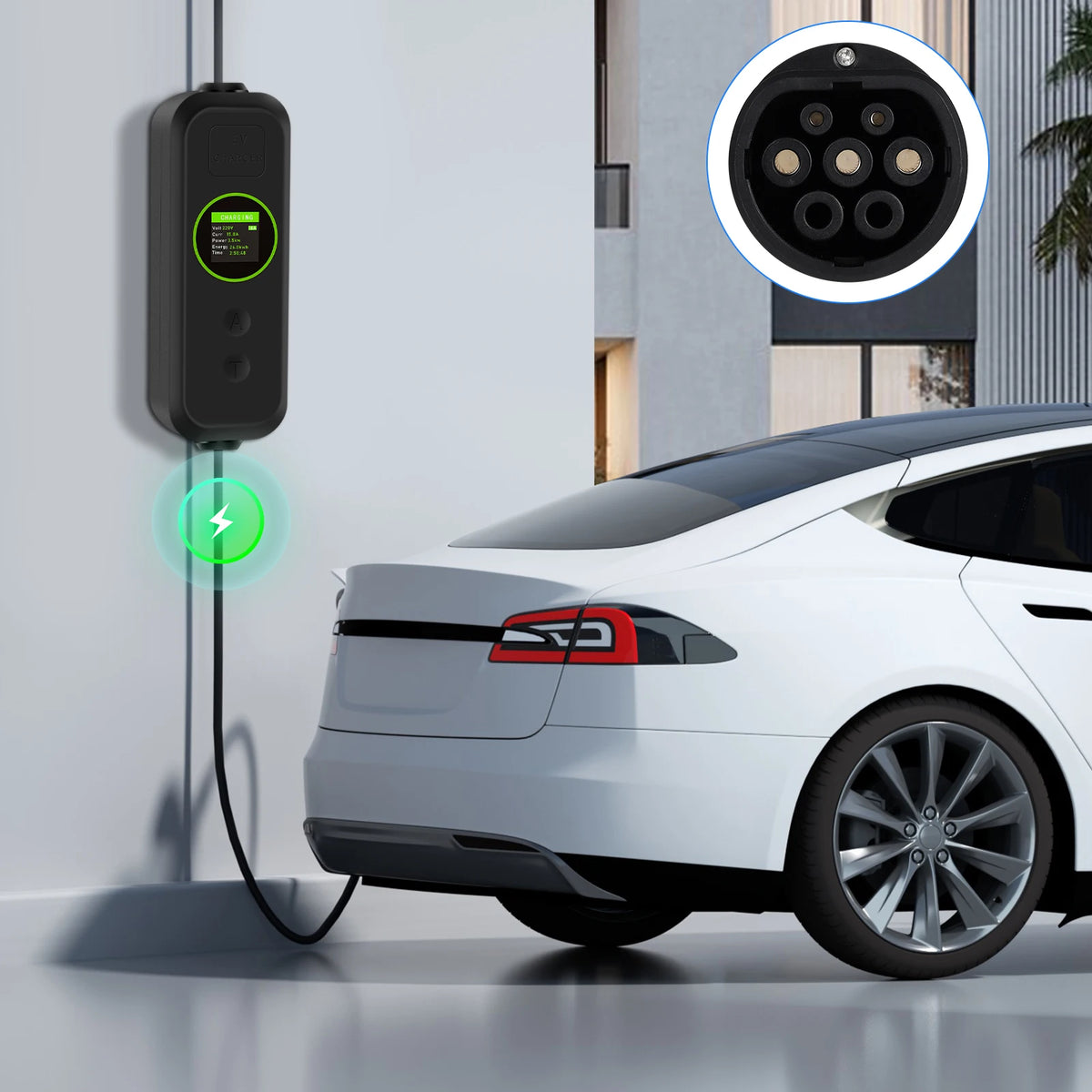 Carregador EV Portátil Podofo 3.5kW 16A Tipo 2 | Corrente Ajustável | IP65 | Cabo 5m | Schuko - IKERO.ENERGY