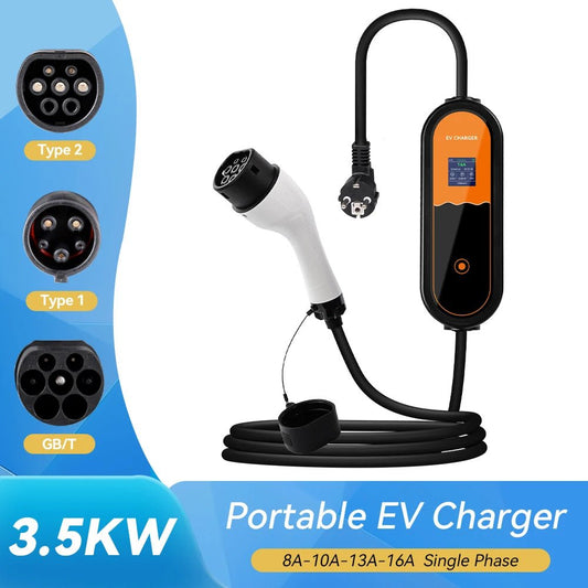 Carregador EV Portátil 3.5kW 16A — Type 1 / Type 2 / GBT | Corrente Ajustável - IKERO.ENERGY