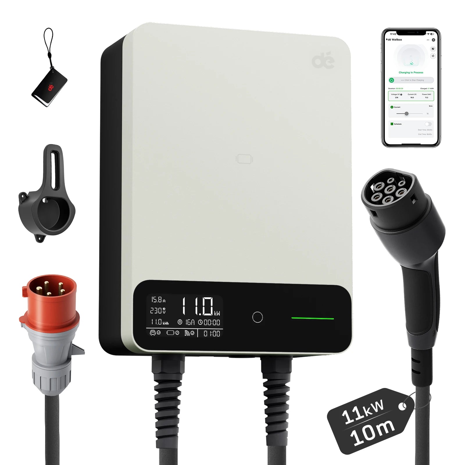 Wallbox 11kW 16A Trifásico Type 2 | APP Tuya | Cabo 5m a 15m | EVSE Branco