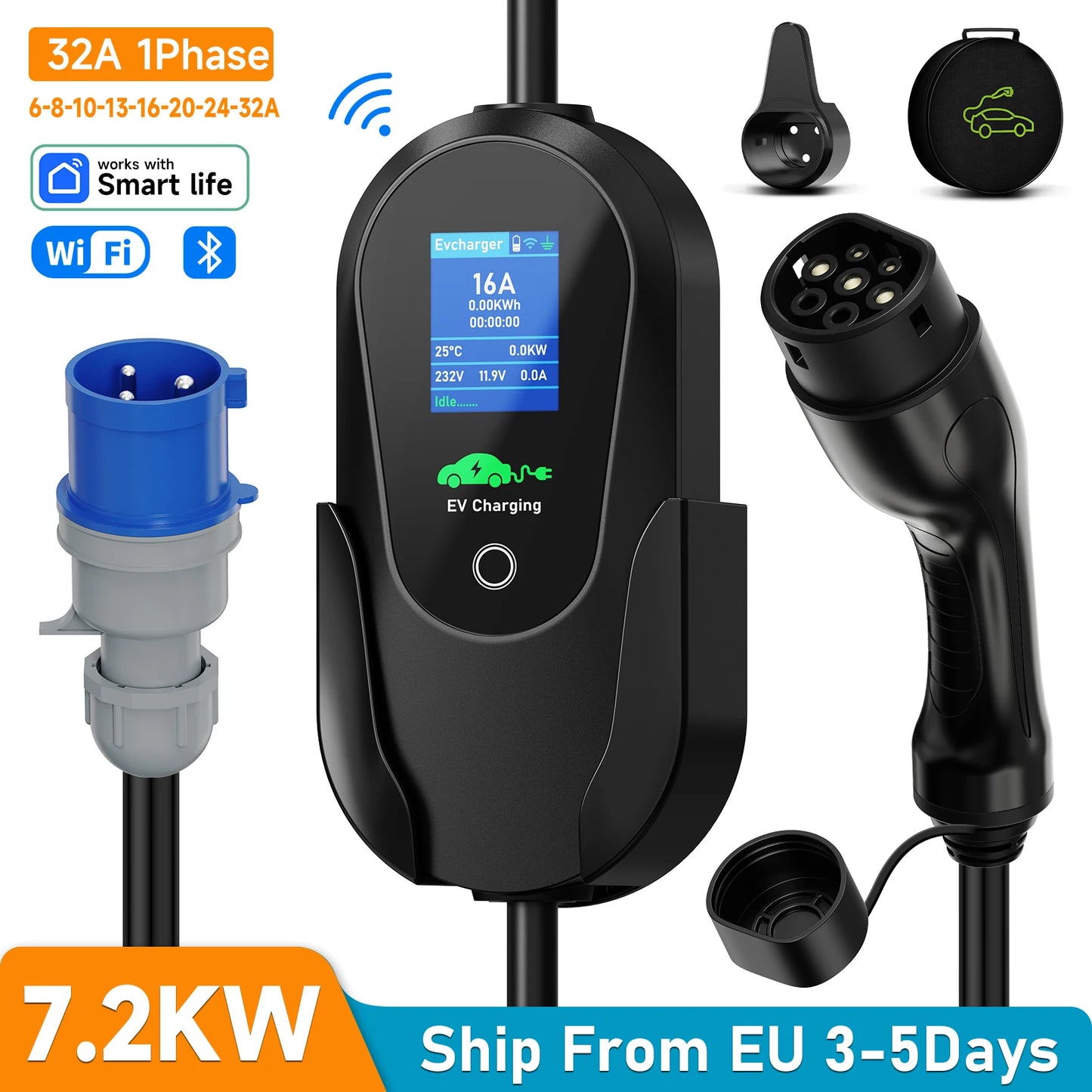 Carregador EV Portátil AFEEV 7.2kW 32A Tipo 2 | Wi-Fi + Bluetooth + APP | IP66 | Cabo 5m | CEE