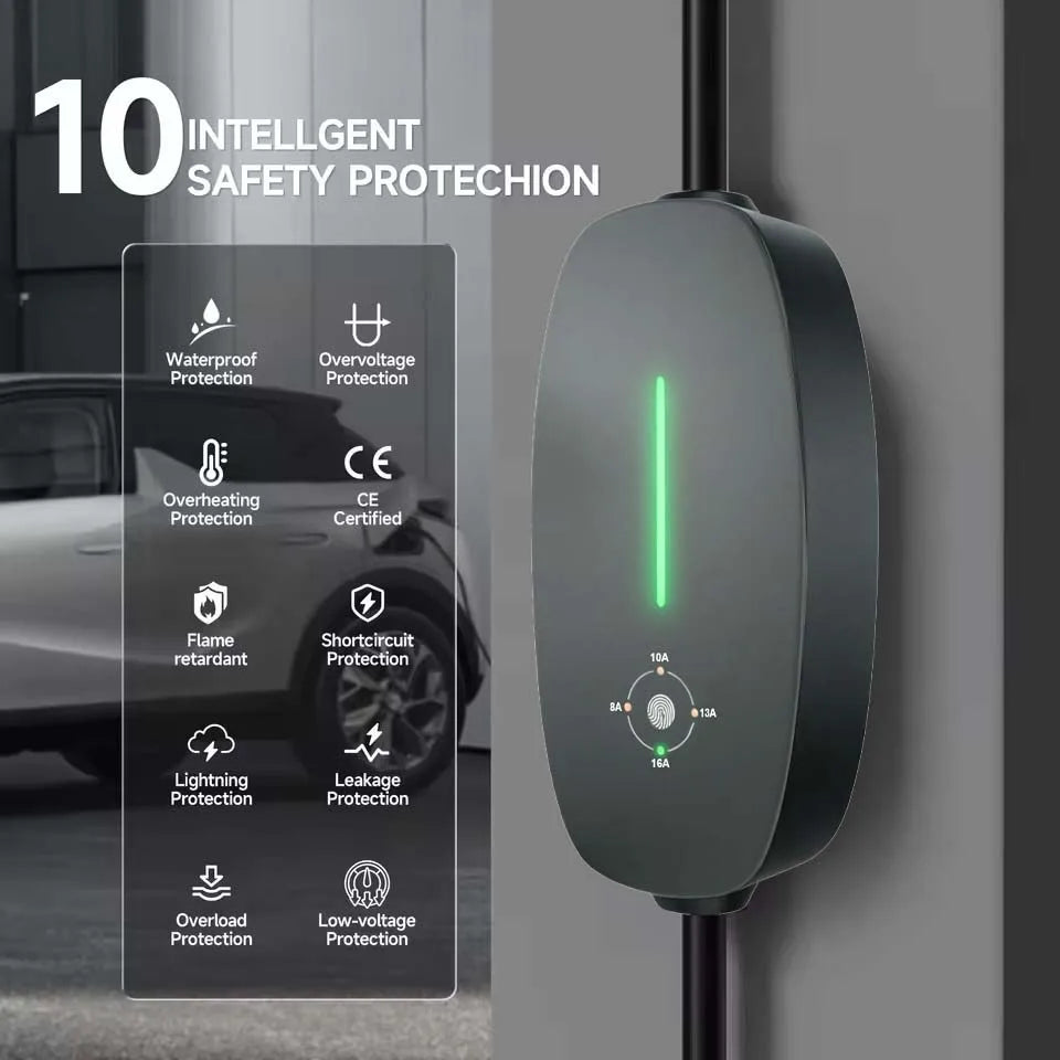 Carregador EV Portátil Teschev 3.5kW 16A | Tipo 2 ou Tipo 1 | IP55 | Cabo 3.5m | Monofásico
