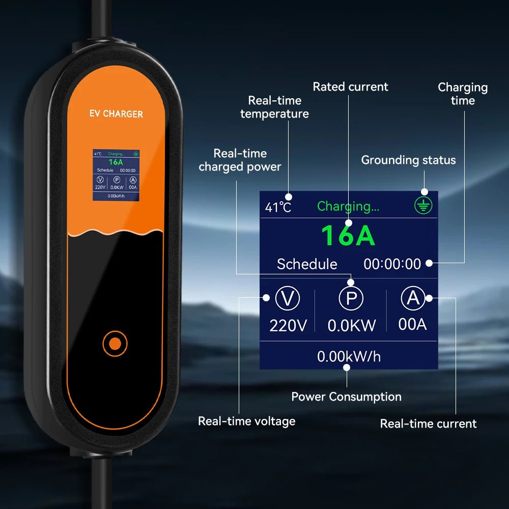 Carregador EV Portátil 3.5kW 16A — Type 1 / Type 2 / GBT | Corrente Ajustável - IKERO.ENERGY