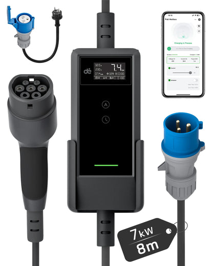 Carregador EV Portátil 7.4kW 32A Tipo 2 | APP Tuya Smart | Cabo 6m / 8m / 10m / 15m / 20m / 25m | Wi-Fi