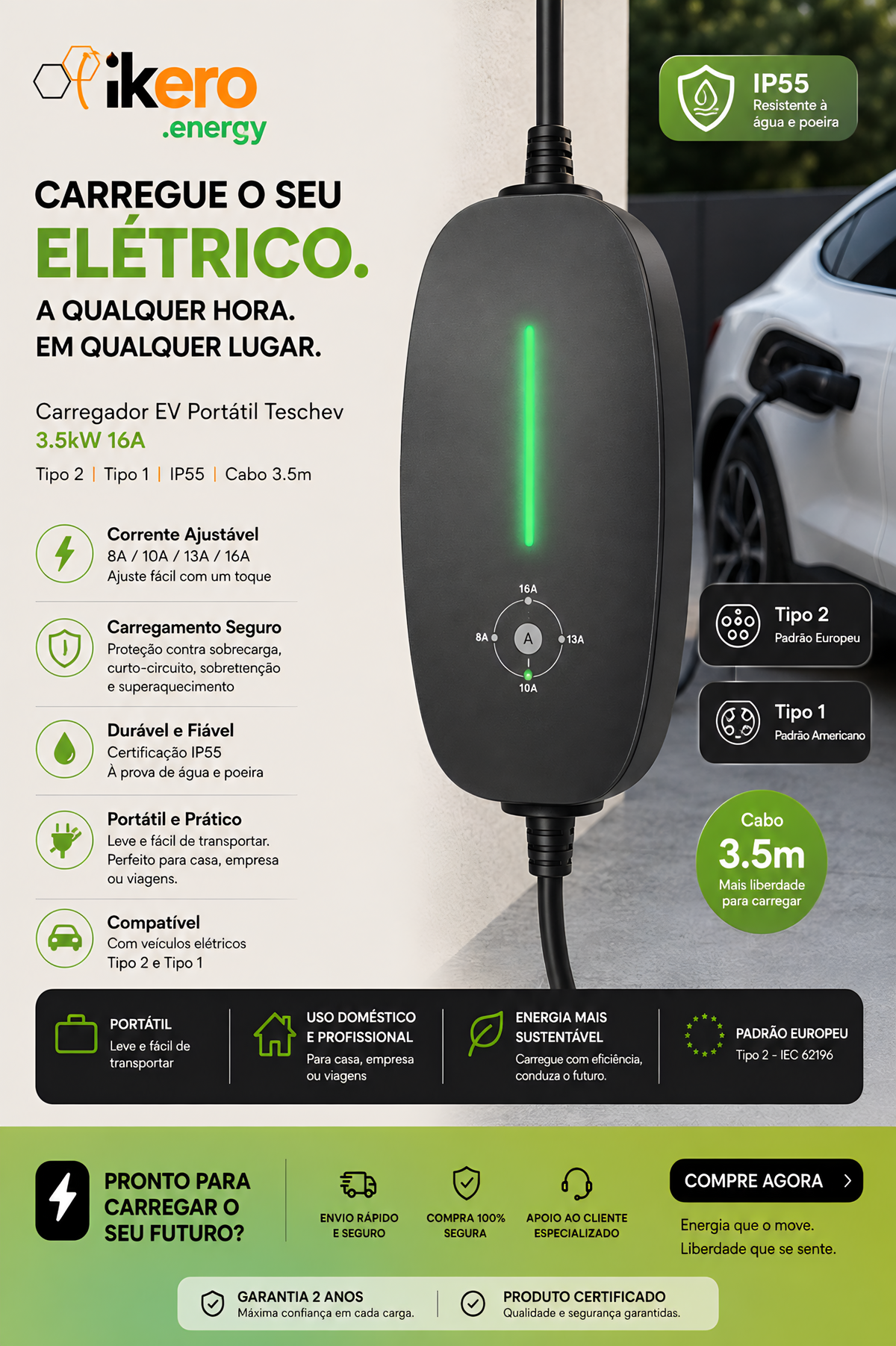 Carregador EV Portátil Teschev 3.5kW 16A | Tipo 2 ou Tipo 1 | IP55 | Cabo 3.5m | Monofásico - IKERO.ENERGY